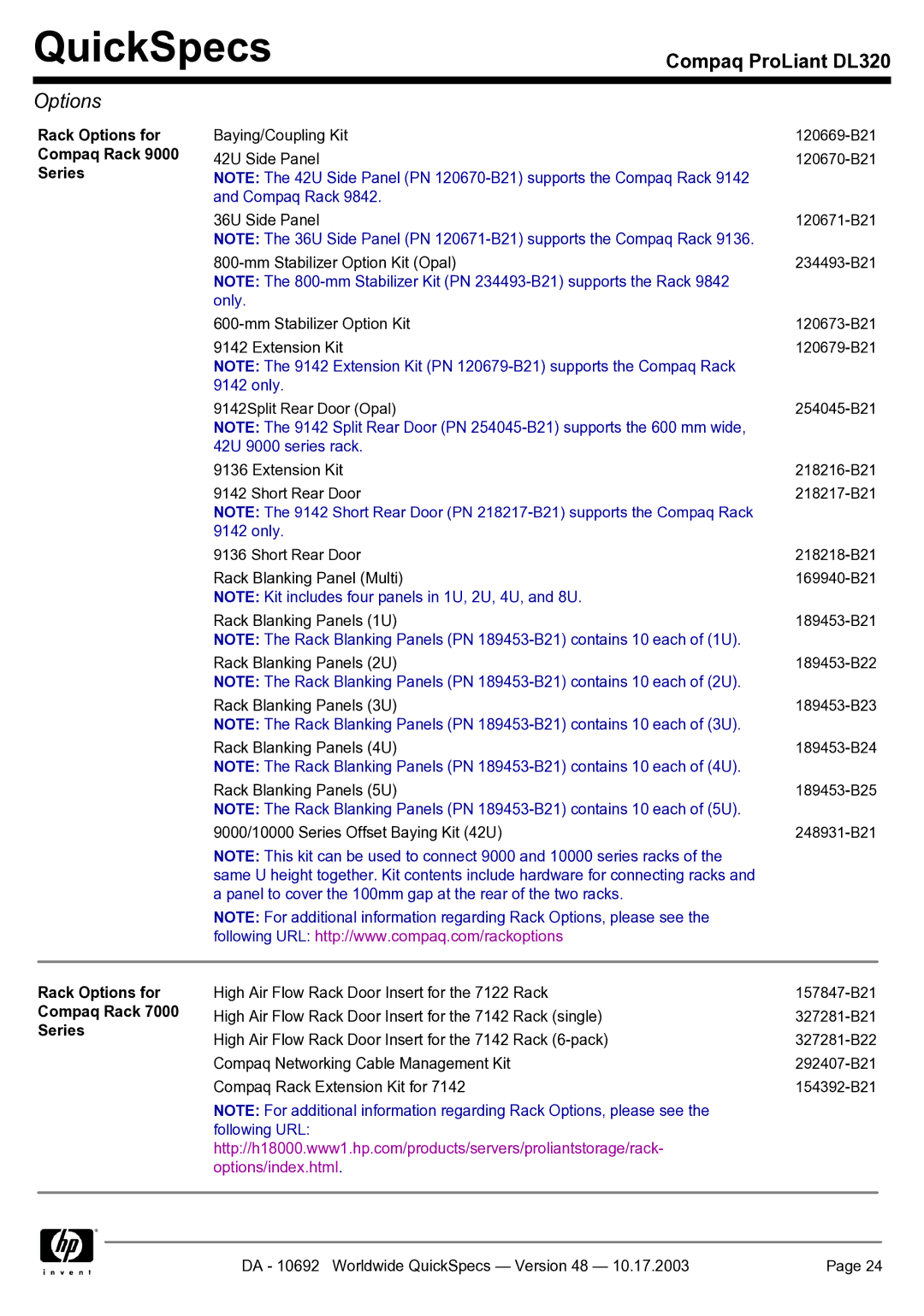 HP DL320 manual Rack Options for Compaq Rack 9000 Series, Rack Options for Compaq Rack 7000 Series 