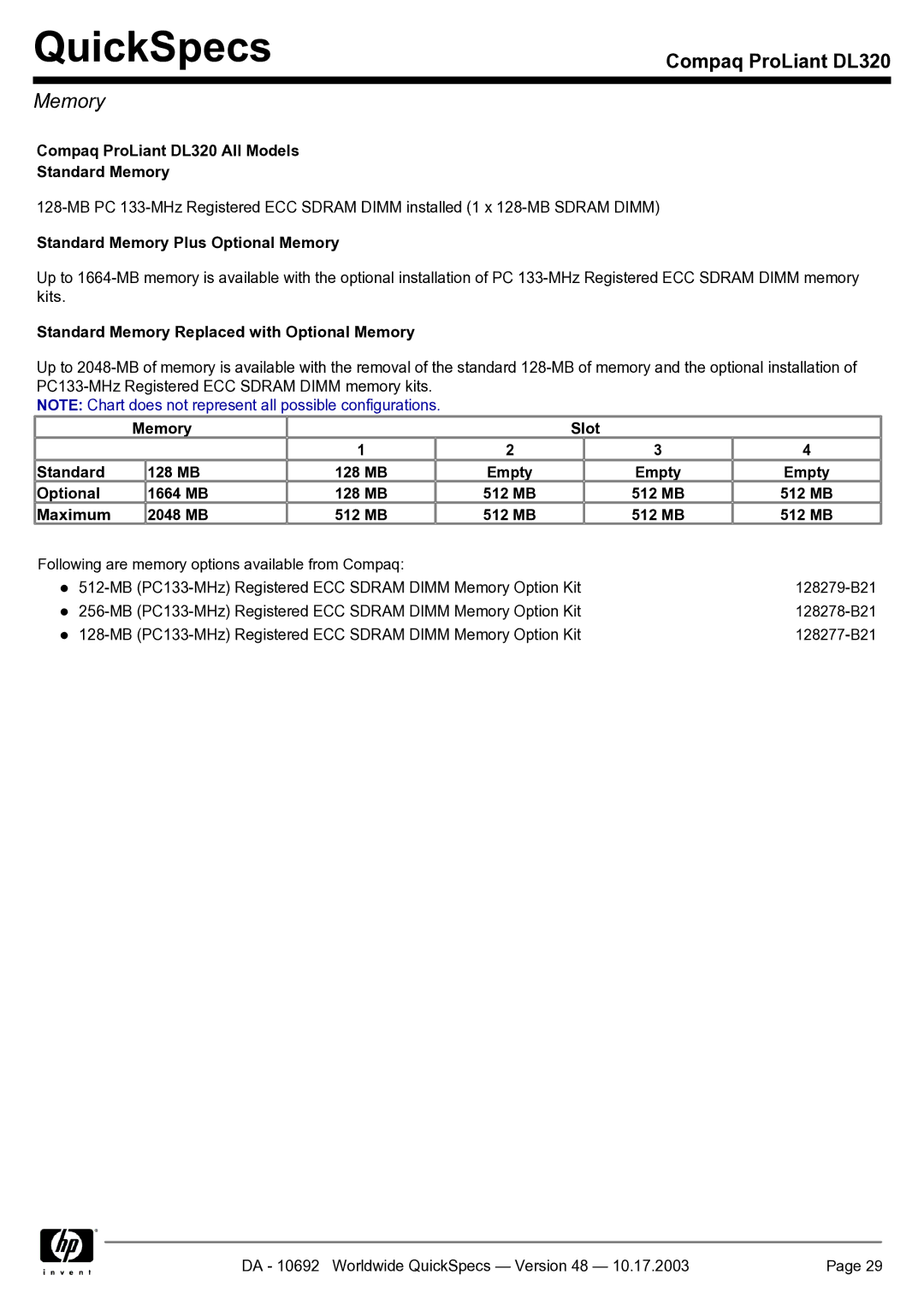 HP manual Compaq ProLiant DL320 All Models Standard Memory, Standard Memory Plus Optional Memory 