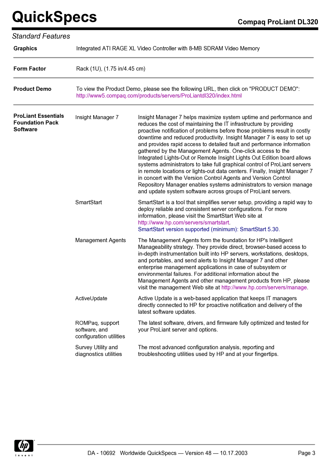 HP DL320 manual Graphics, Form Factor, Product Demo, ProLiant Essentials Foundation Pack Software 