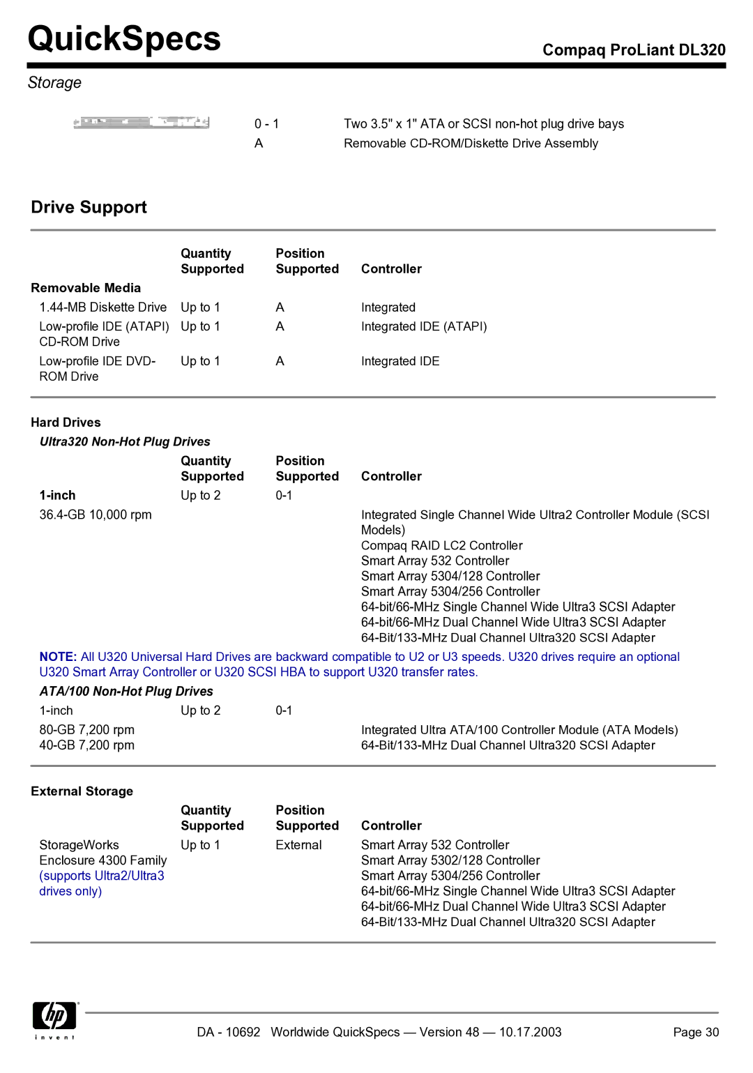 HP DL320 Quantity Position Supported Controller Removable Media, Ultra320 Non-Hot Plug Drives, ATA/100 Non-Hot Plug Drives 