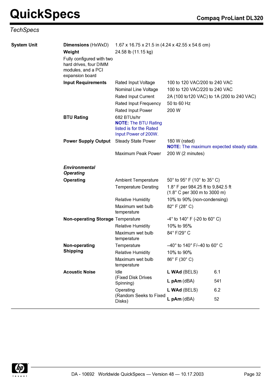 HP DL320 manual Environmental Operating 