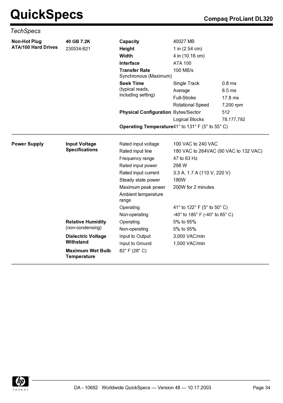 HP DL320 manual Non-Hot Plug 40 GB 7.2K Capacity, ATA/100 Hard Drives, Physical Configuration Bytes/Sector, Specifications 