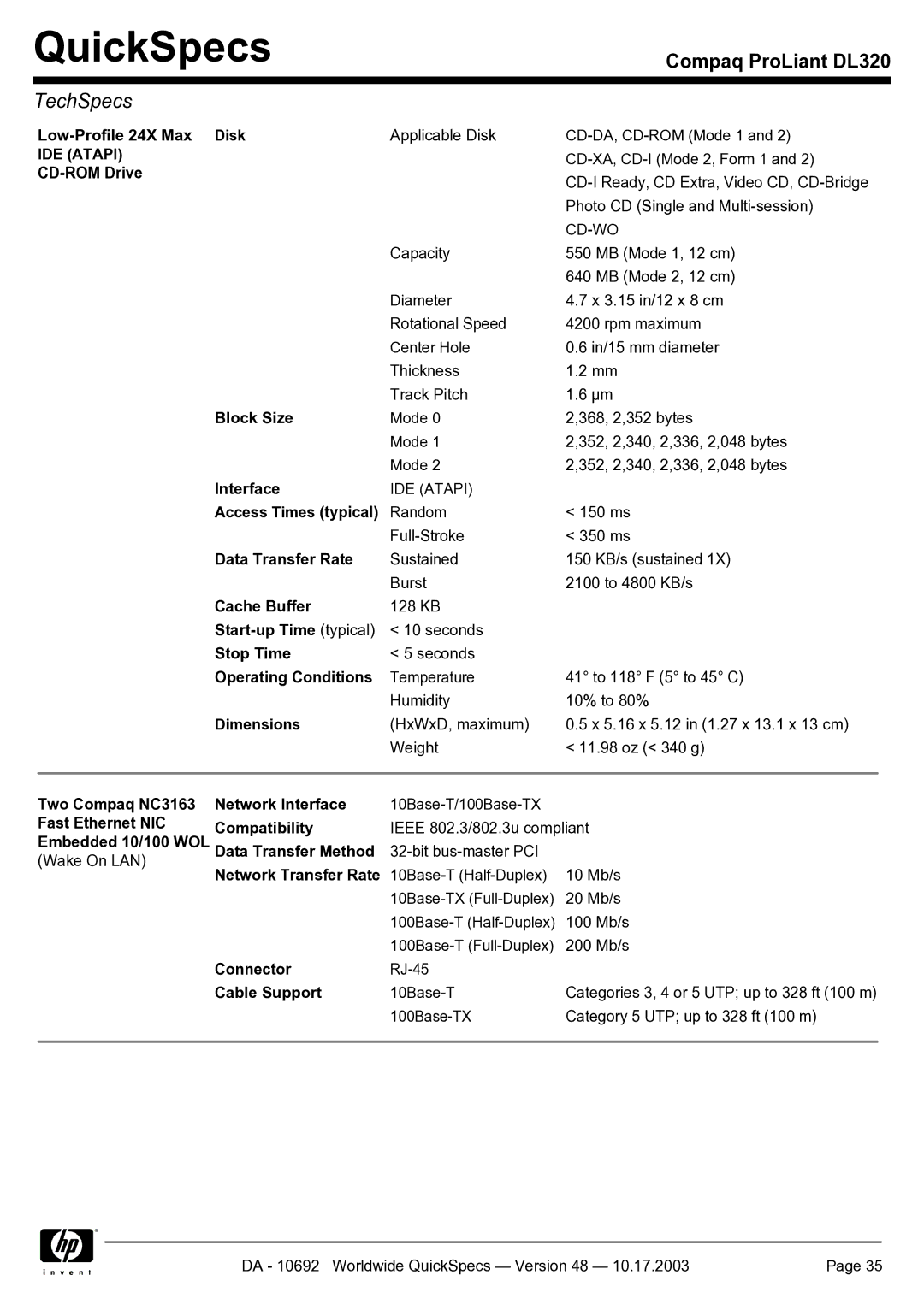 HP DL320 manual Low-Profile 24X Max Disk, CD-ROM Drive, Block Size, Access Times typical, Data Transfer Rate, Cache Buffer 