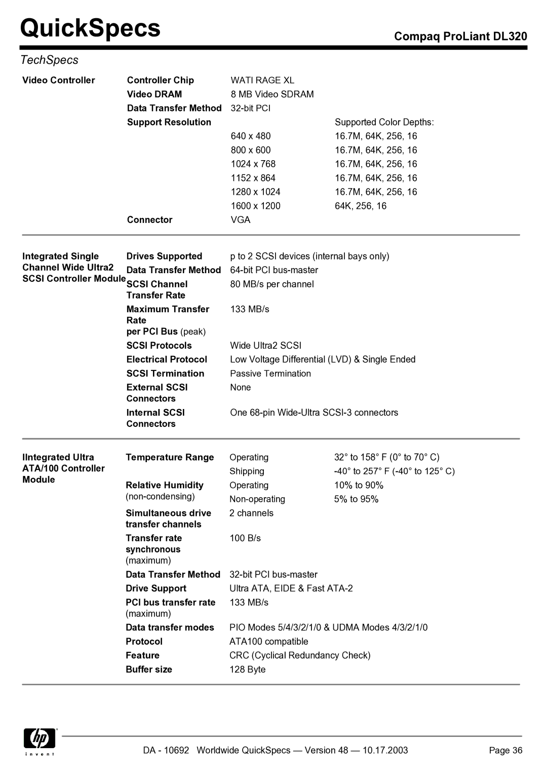 HP DL320 Video Controller Controller Chip, Video Dram, Support Resolution, Integrated Single Drives Supported, Synchronous 