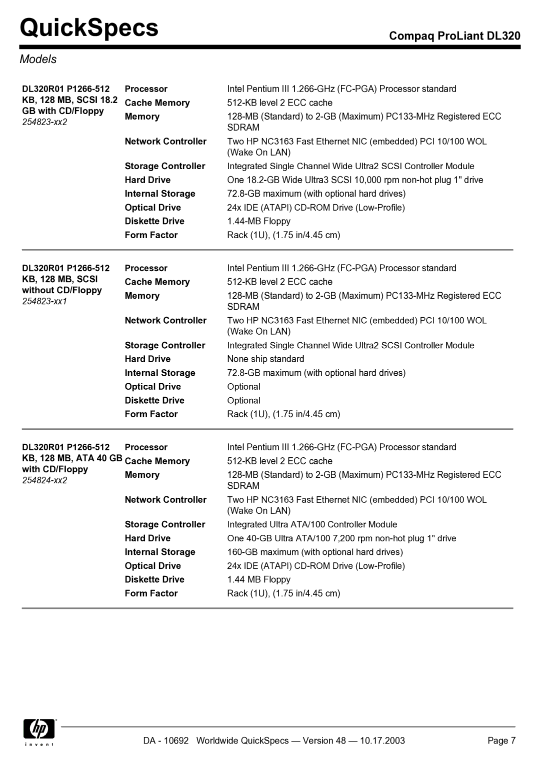 HP manual DL320R01 P1266-512 Processor, KB, 128 MB, Scsi Cache Memory, GB with CD/Floppy Memory, Storage Controller 