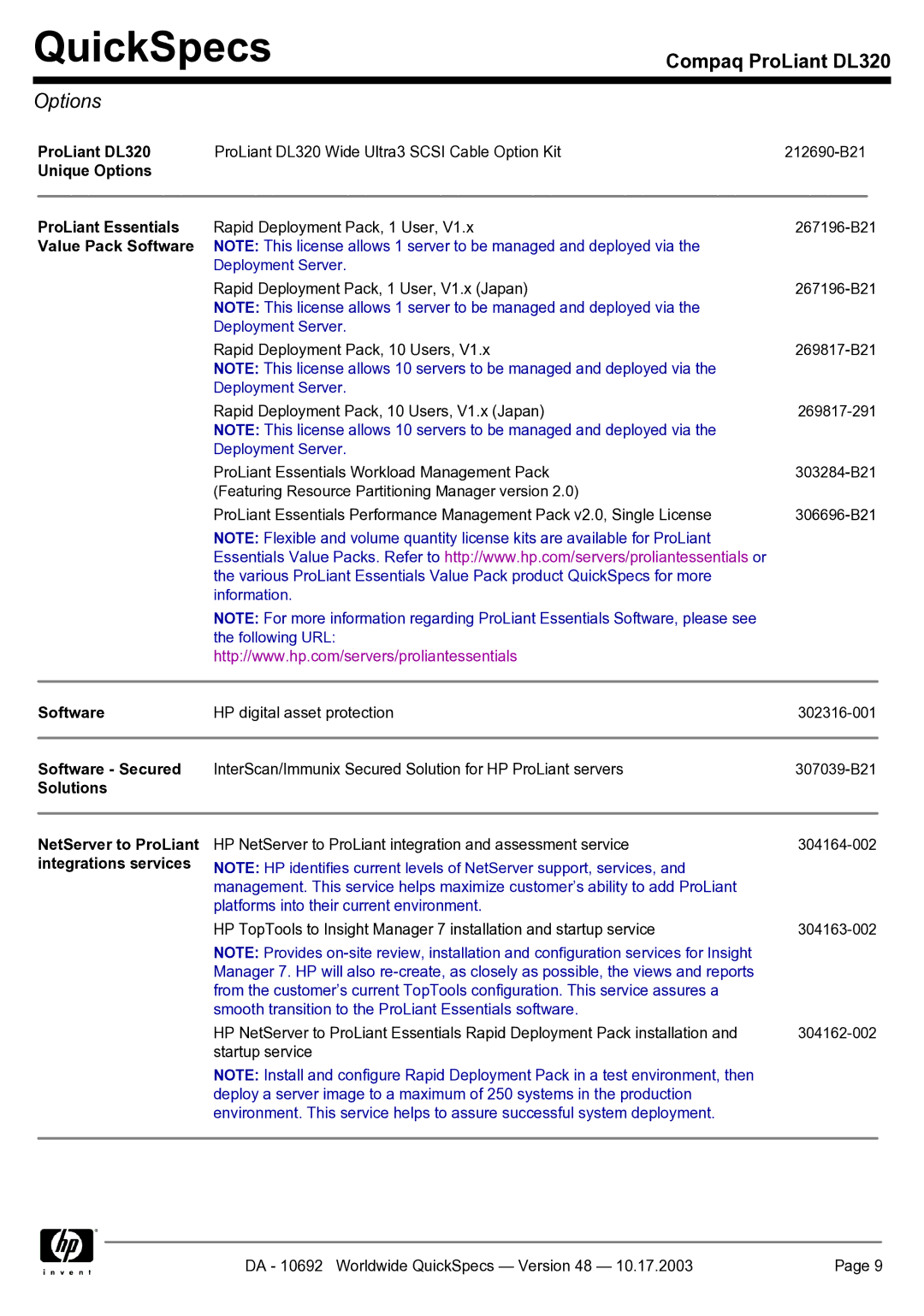 HP manual ProLiant DL320, Unique Options ProLiant Essentials, Value Pack Software, Software Secured 