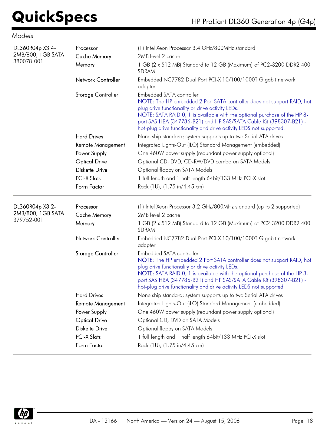 HP DL360 manual Intel Xeon Processor 3.4 GHz/800MHz standard 