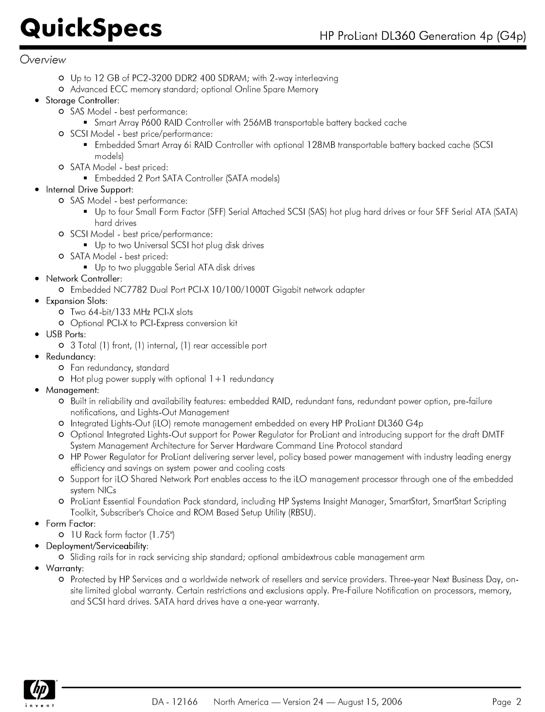 HP DL360 manual Form Factor, Deployment/Serviceability 