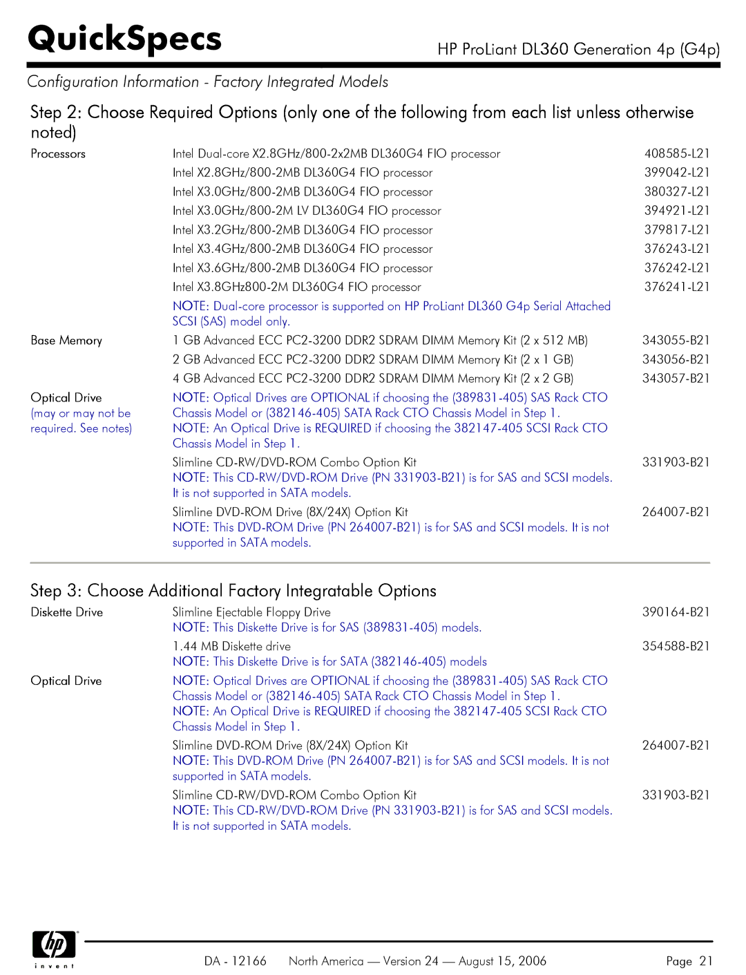 HP DL360 manual Choose Additional Factory Integratable Options, Scsi SAS model only, Base Memory 