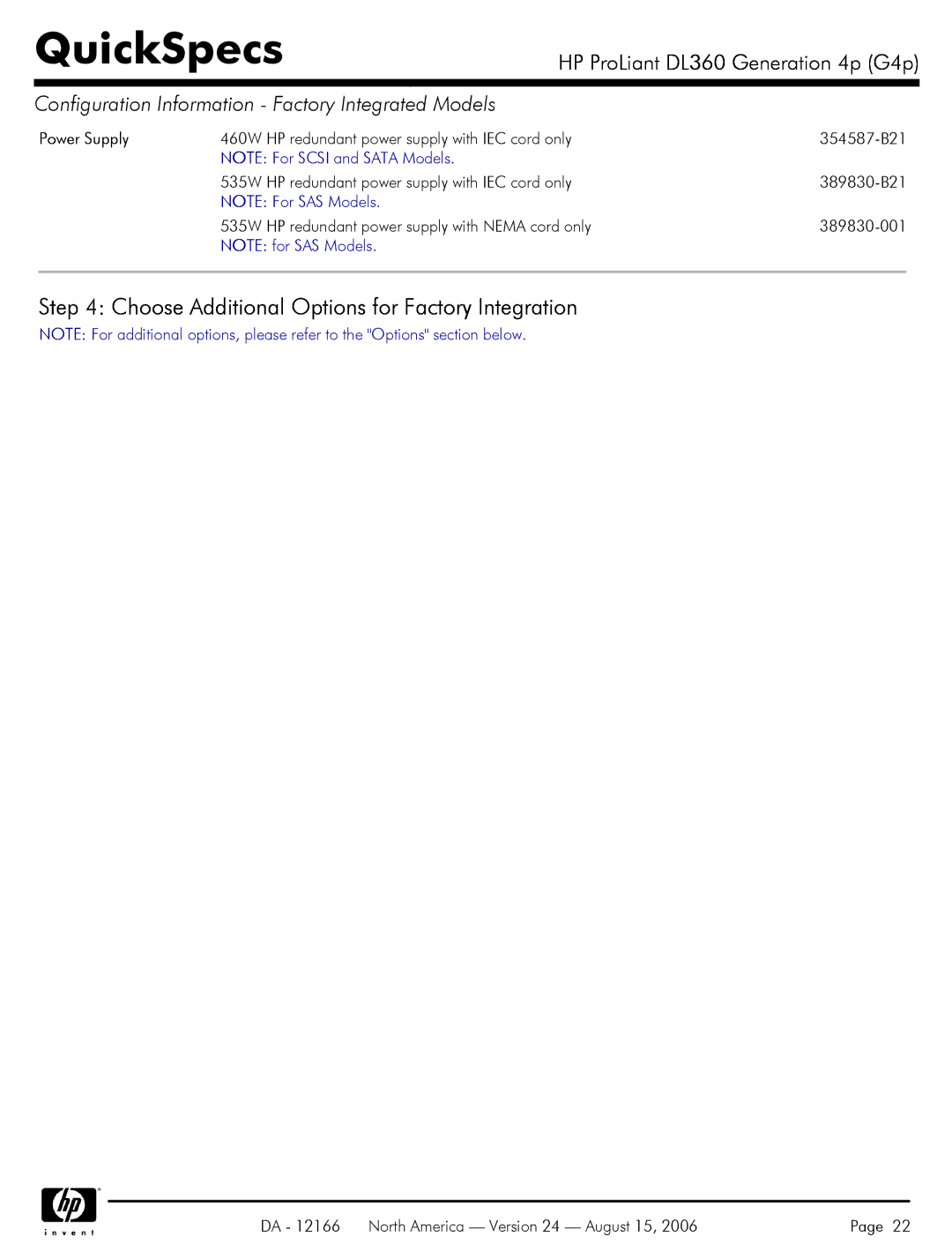 HP DL360 manual Choose Additional Options for Factory Integration, Power Supply 