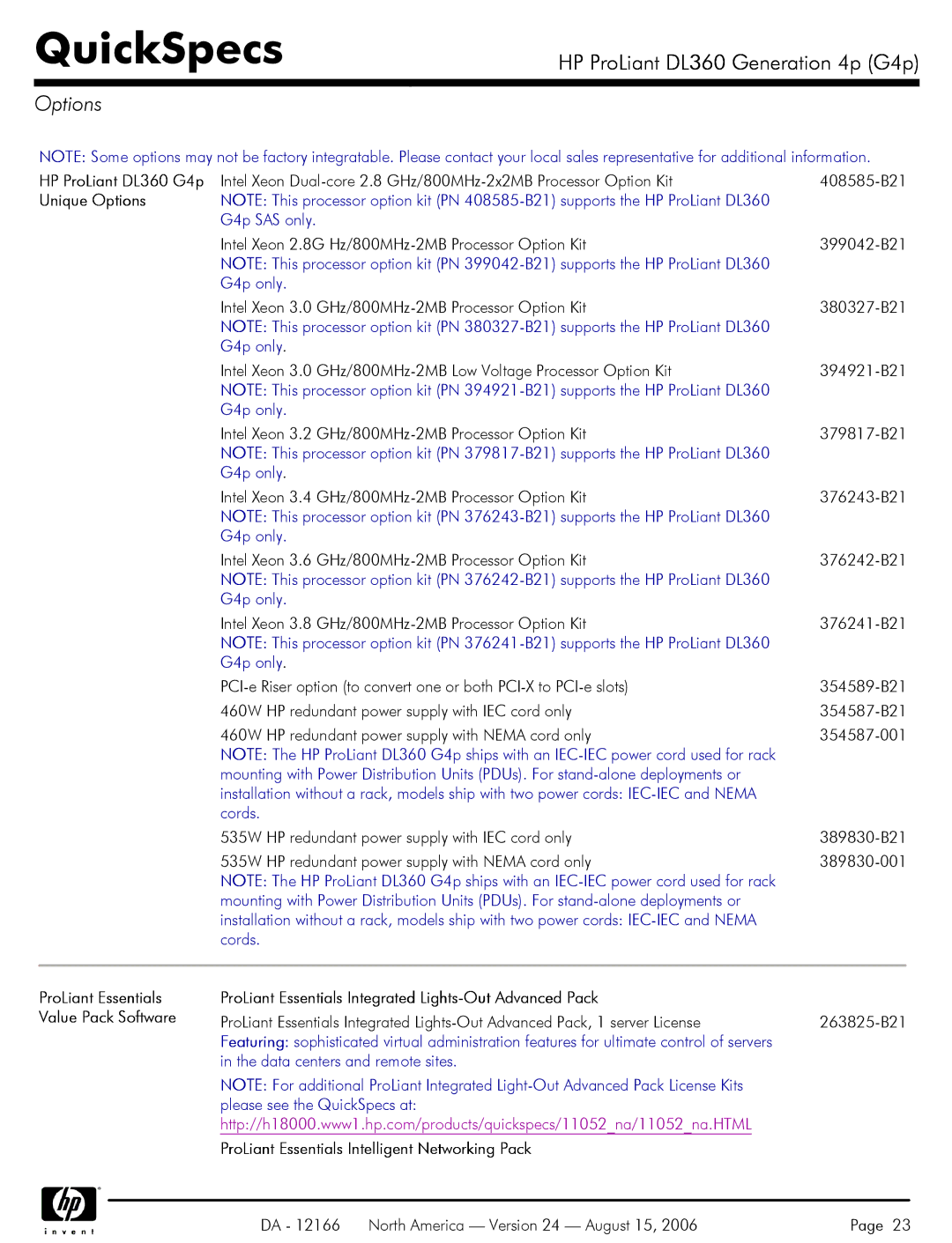 HP DL360 manual Unique Options, ProLiant Essentials Integrated Lights-Out Advanced Pack 