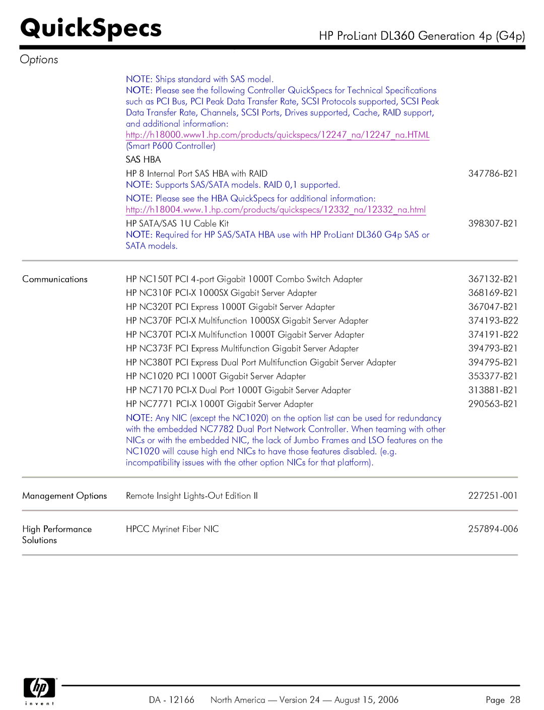 HP DL360 manual Sata models, Communications, Management Options, High Performance, Solutions 