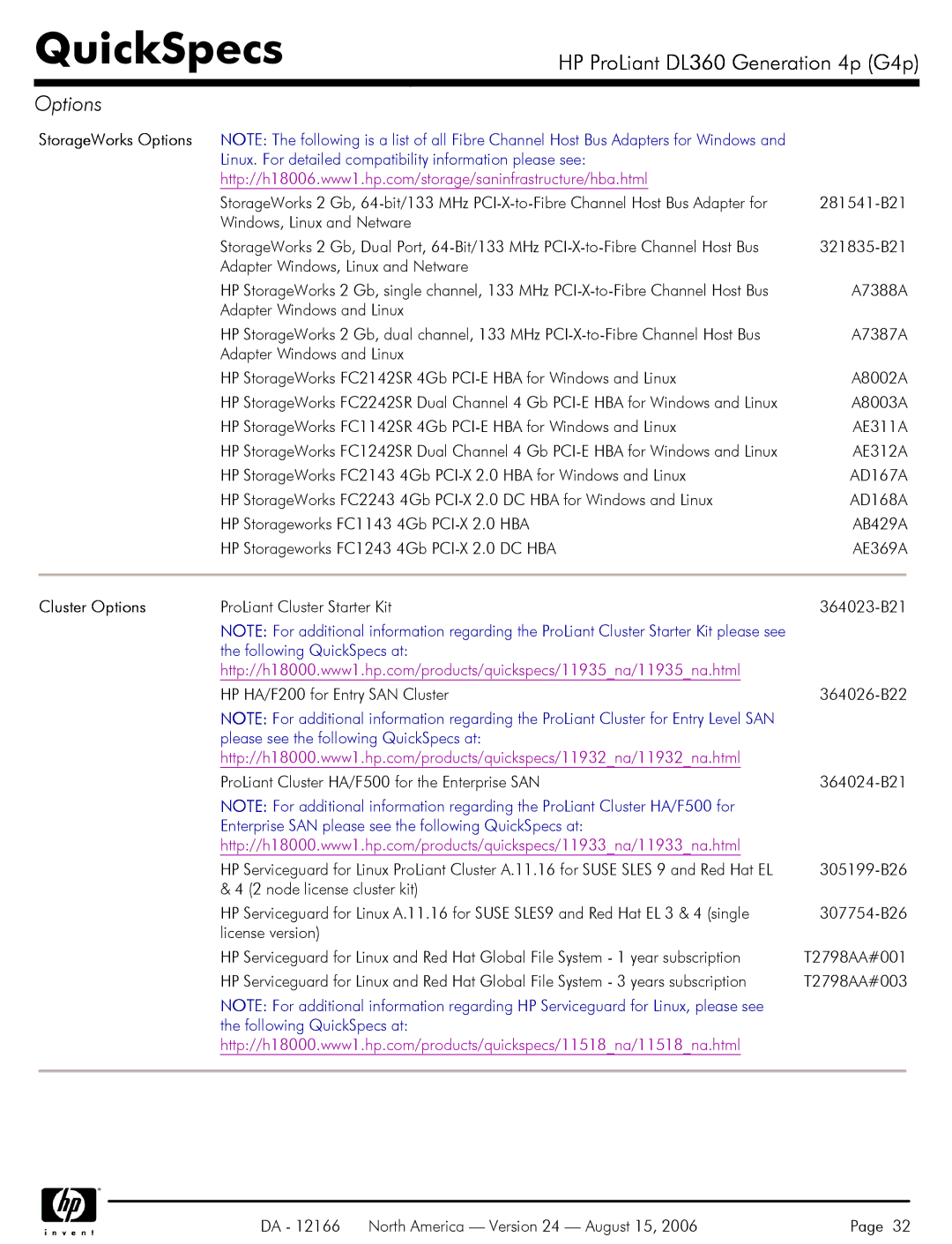 HP DL360 manual StorageWorks Options, Cluster Options 