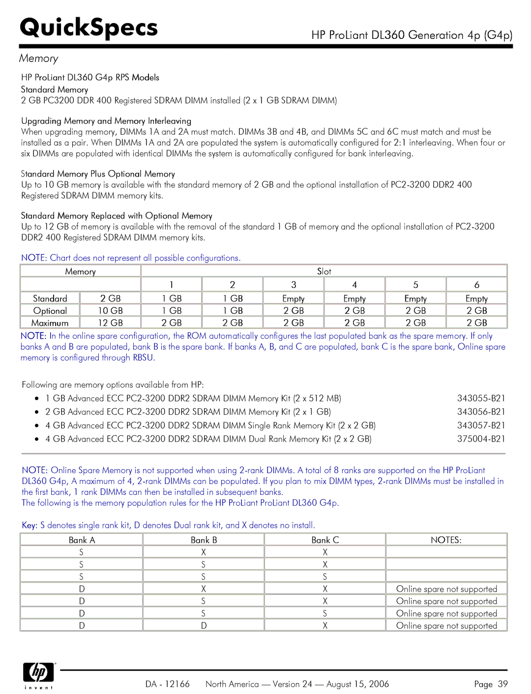 HP manual HP ProLiant DL360 G4p RPS Models Standard Memory, 10 GB, Bank a Bank B Bank C 