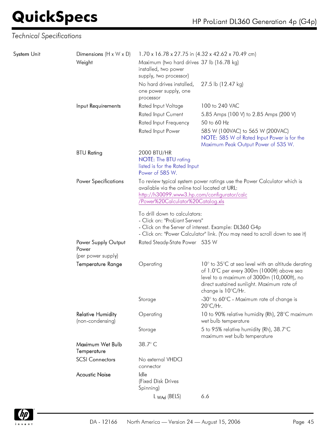 HP DL360 manual Technical Specifications 