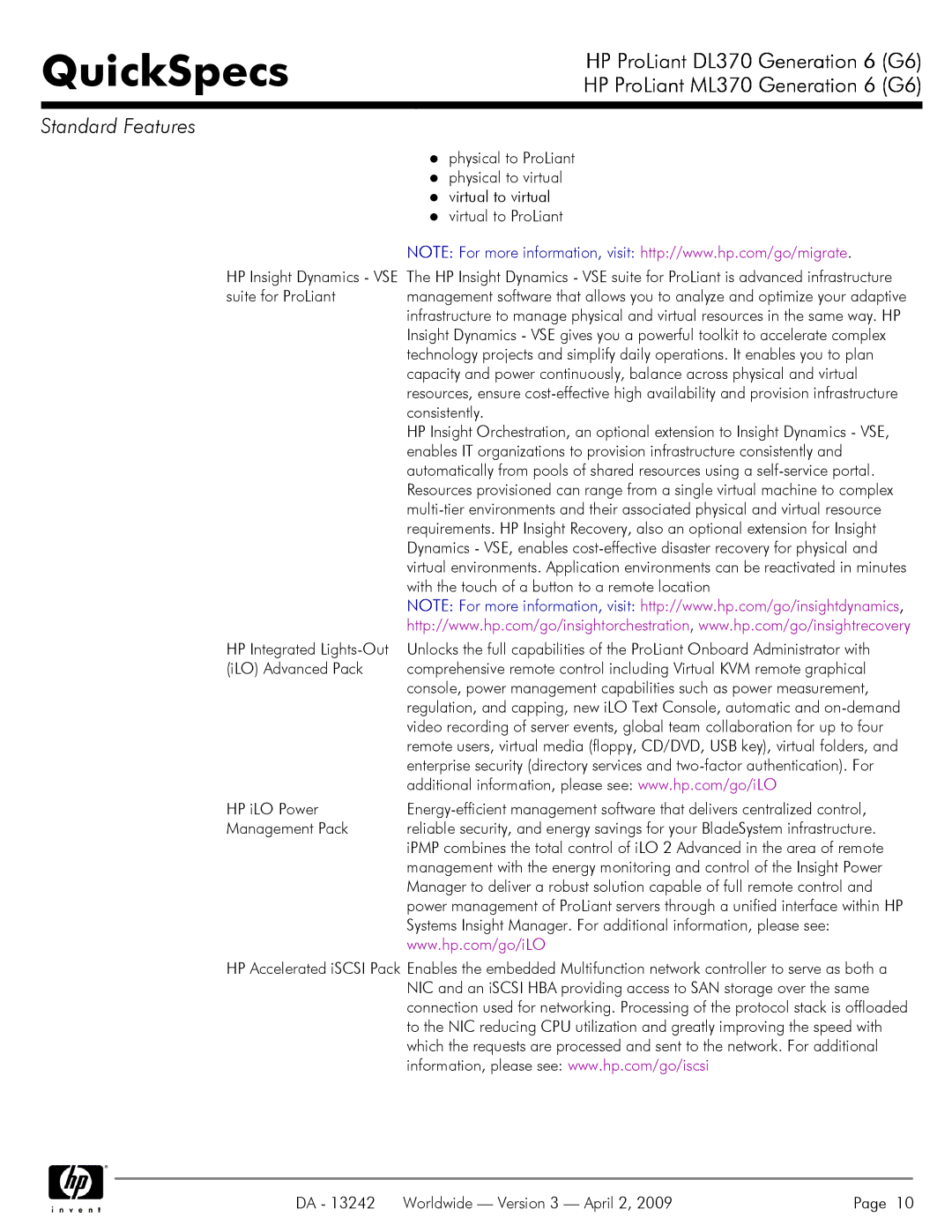 HP DL370 manual QuickSpecs 