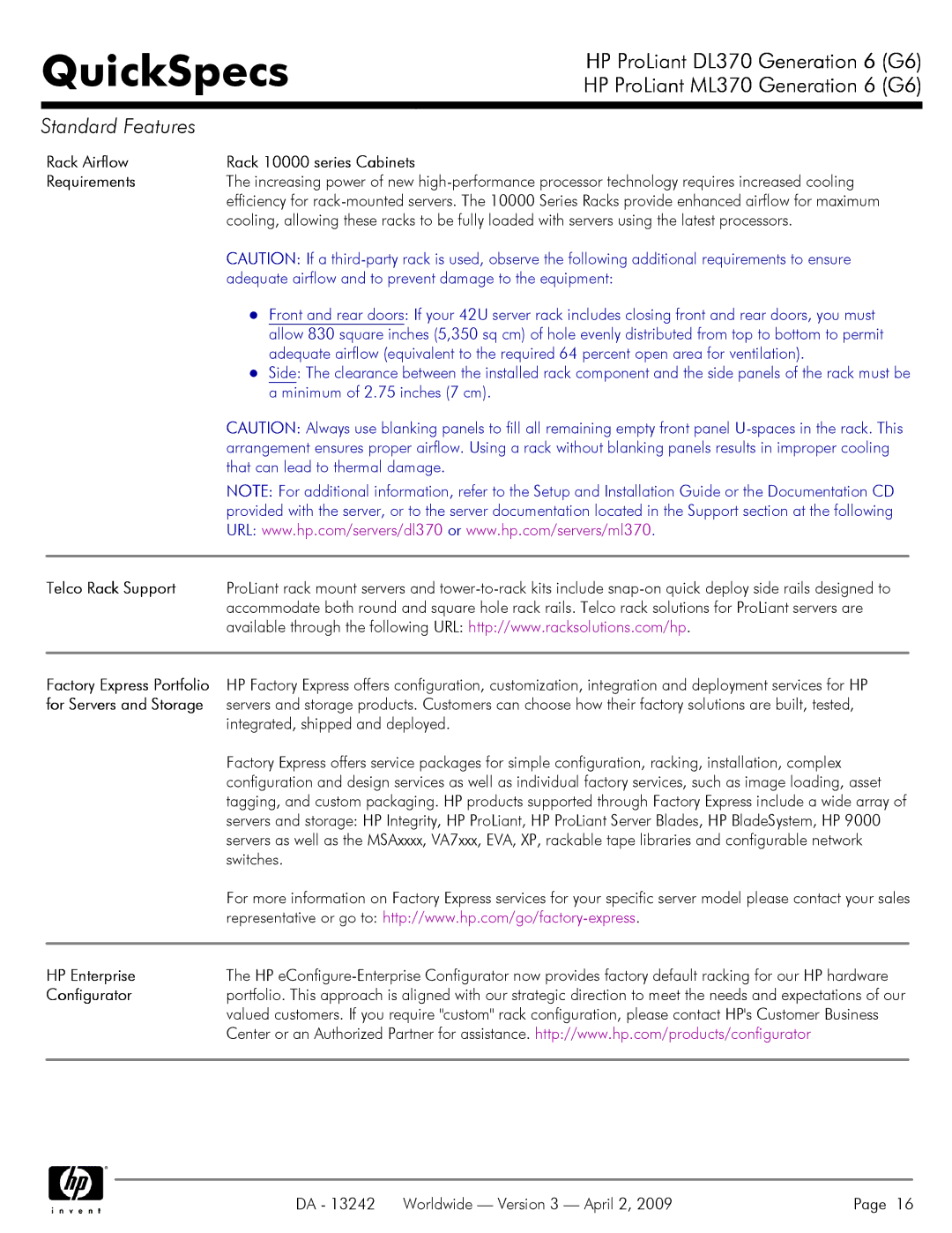 HP DL370 manual Rack Airflow Rack 10000 series Cabinets Requirements, Telco Rack Support, HP Enterprise, Configurator 