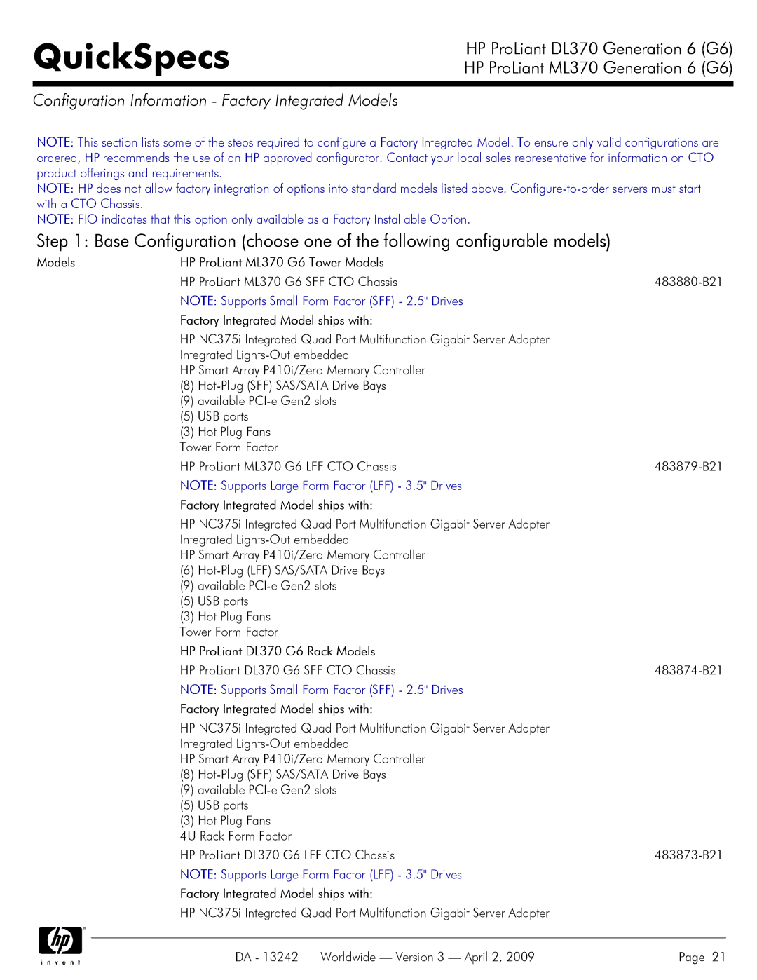 HP DL370 manual Configuration Information Factory Integrated Models, Models HP ProLiant ML370 G6 Tower Models 