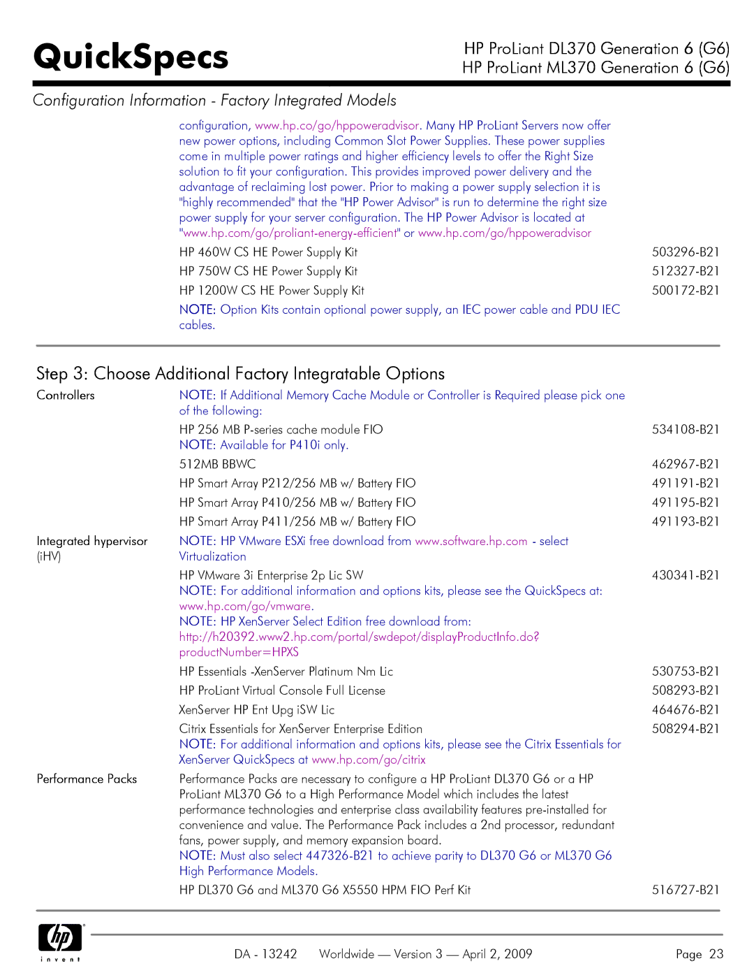 HP DL370 manual Controllers, Integrated hypervisor, Performance Packs 