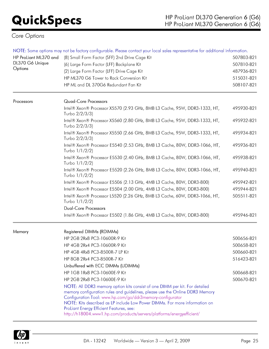 HP manual Core Options, DL370 G6 Unique, Processors Quad-Core Processors, Memory Registered DIMMs RDIMMs 