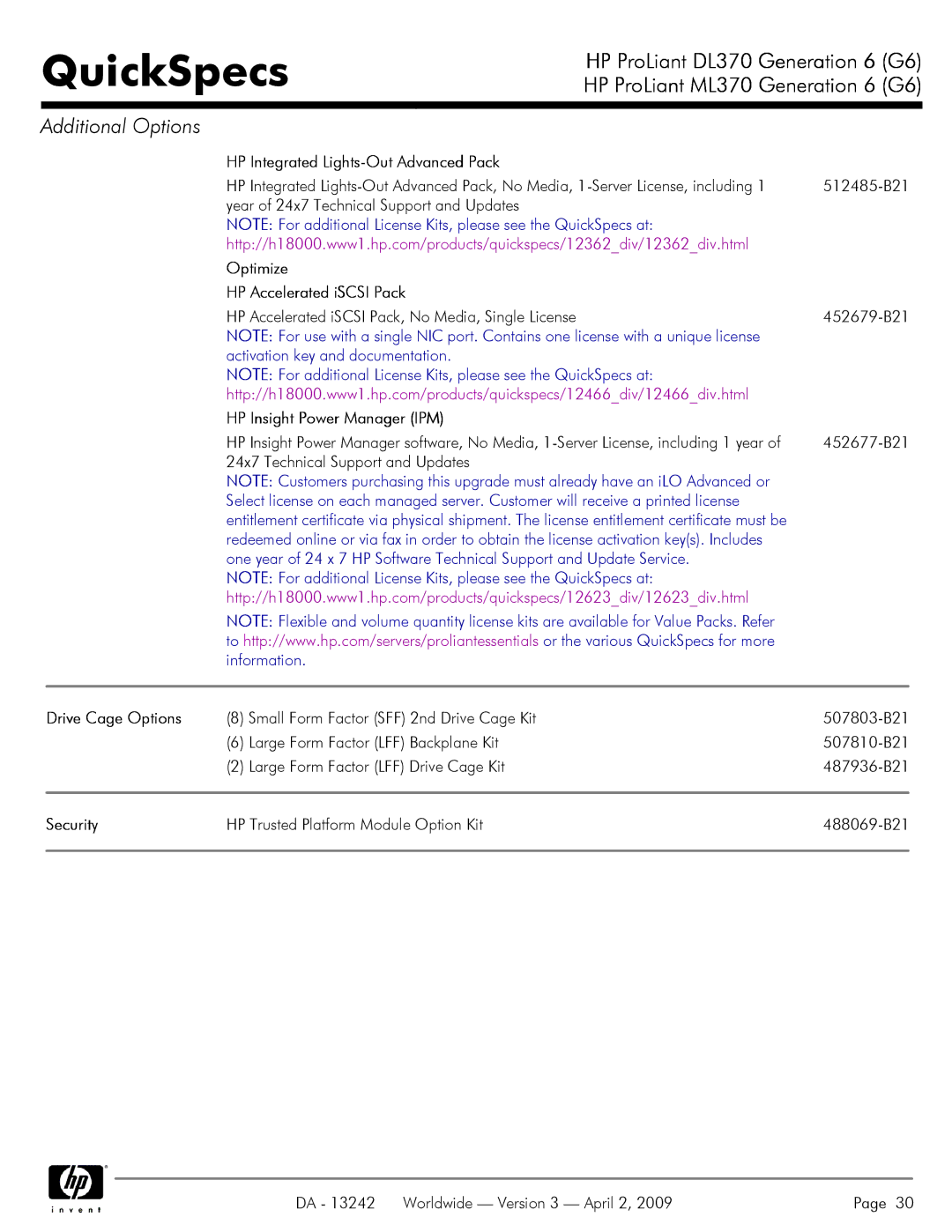 HP DL370 HP Integrated Lights-Out Advanced Pack, Optimize HP Accelerated iSCSI Pack, Activation key and documentation 