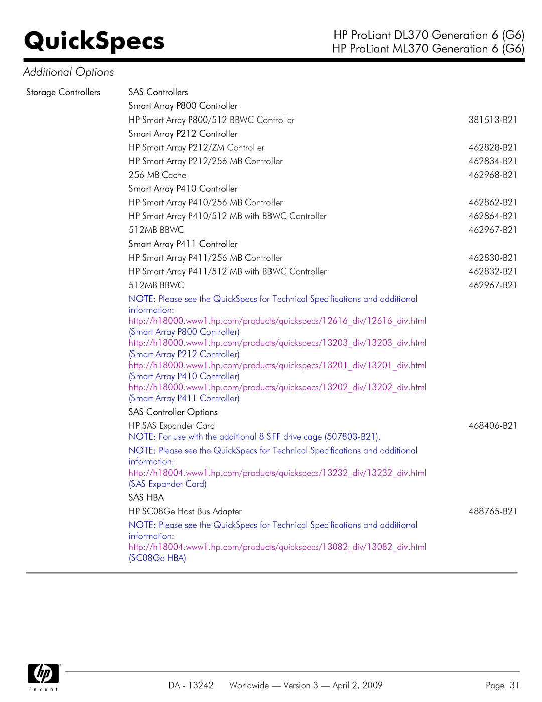 HP DL370 Smart Array P212 Controller, Smart Array P410 Controller, Smart Array P411 Controller, SAS Controller Options 