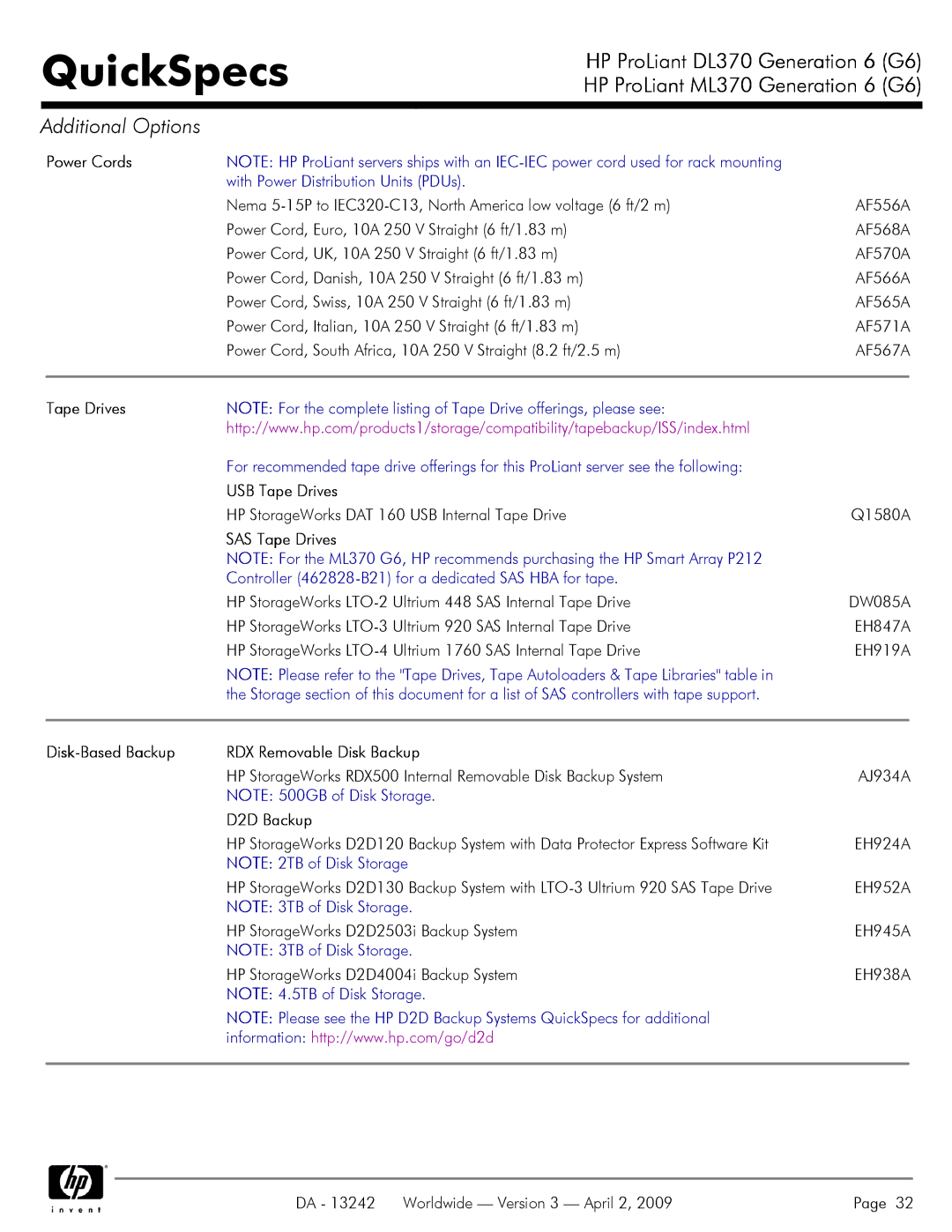 HP DL370 manual Power Cords, USB Tape Drives, SAS Tape Drives, Disk-Based Backup RDX Removable Disk Backup, D2D Backup 