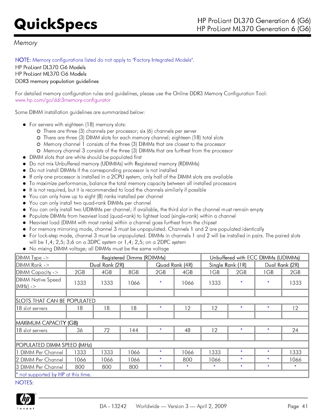 HP DL370 manual Memory, Registered Dimms RDIMMs Unbuffered with ECC DIMMs UDIMMs, Quad Rank 4R Single Rank 1R Dual Rank 2R 