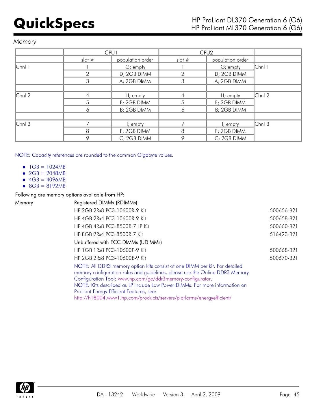 HP DL370 manual 1GB = 1024MB 2GB = 2048MB 4GB = 4096MB 8GB = 8192MB, Unbuffered with ECC DIMMs UDIMMs 