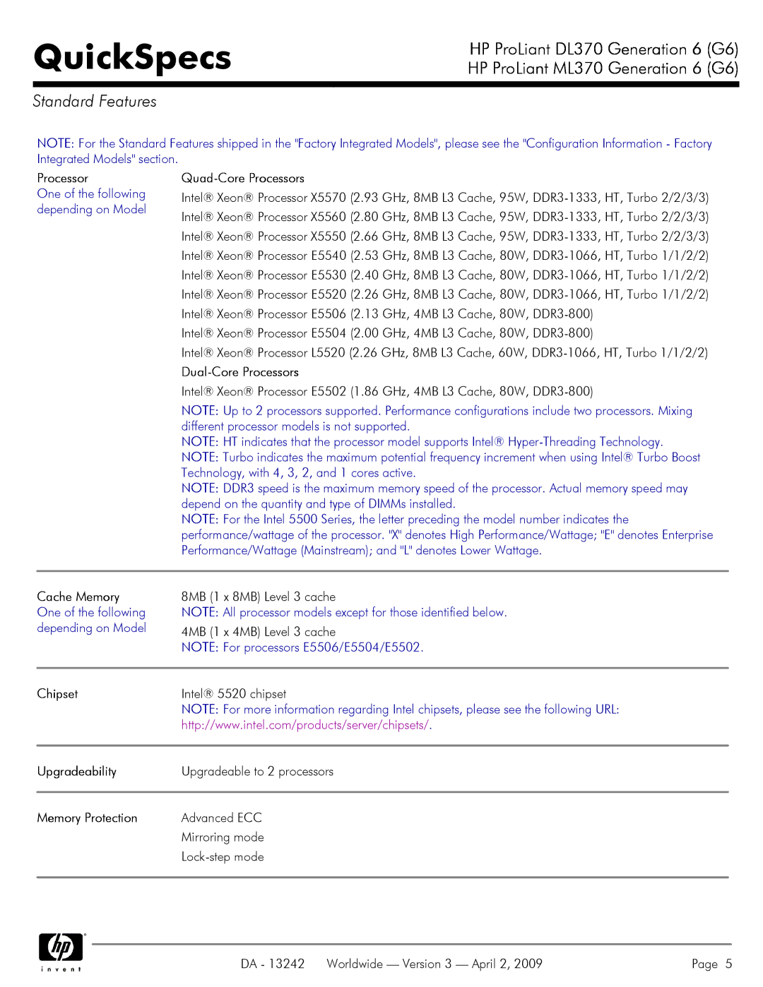 HP DL370 manual Standard Features 