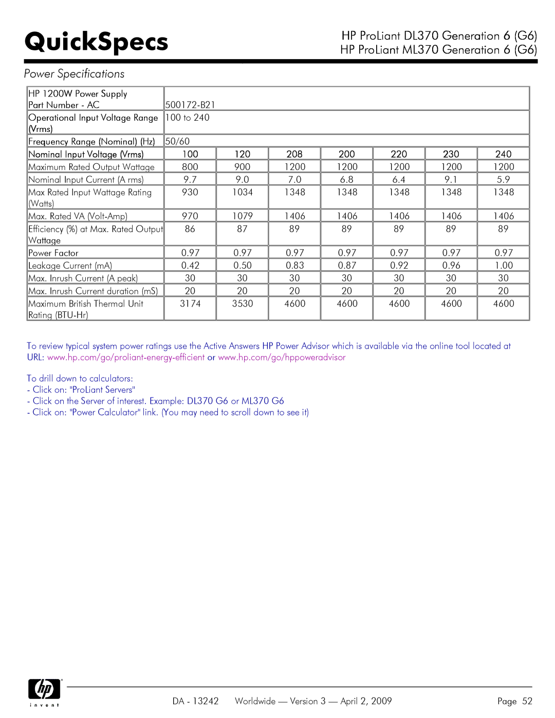 HP DL370 manual HP 1200W Power Supply Part Number AC, Vrms, Maximum British Thermal Unit 3174 3530 4600 Rating BTU-Hr 