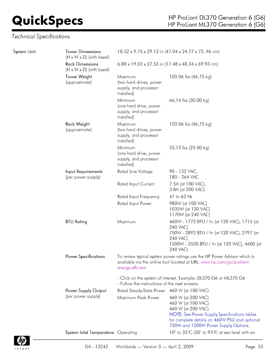 HP DL370 manual Technical Specifications 