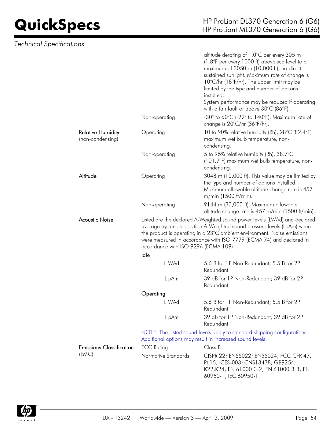 HP DL370 manual Relative Humidity, Altitude, Acoustic Noise, Idle, Operating 