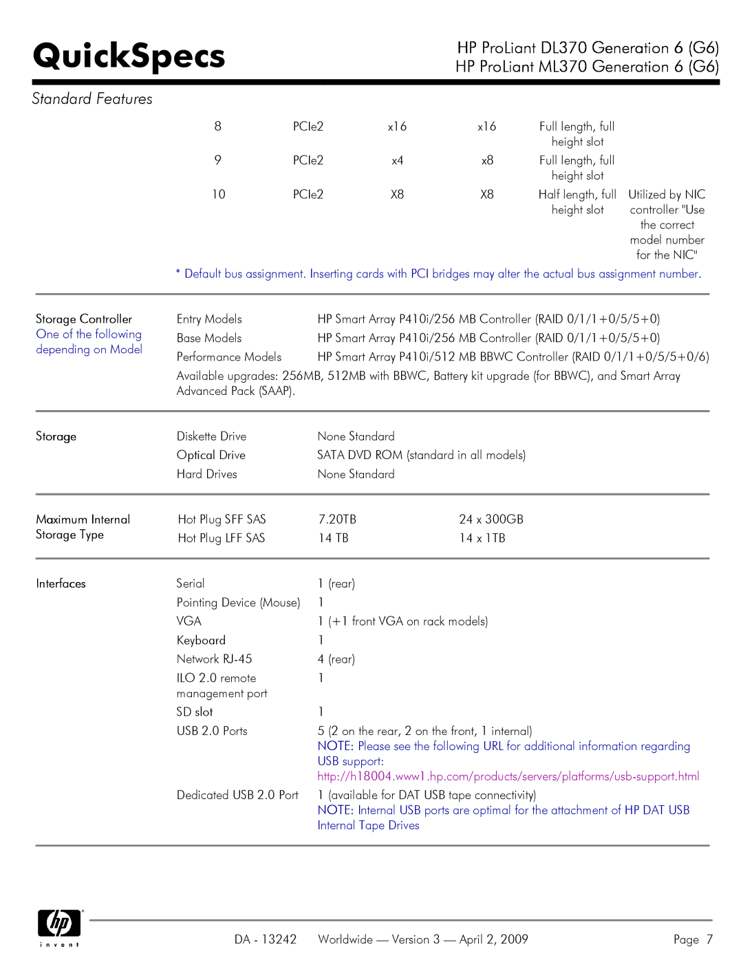 HP DL370 manual Maximum Internal, Storage Type, Interfaces 