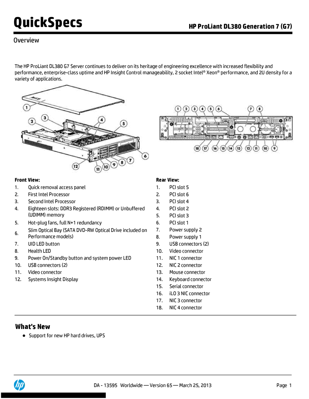 HP DL380 Generation 7 (G7) manual Overview, Front View Rear View, Udimm memory PCI slot Hot-plug fans, full N+1 redundancy 