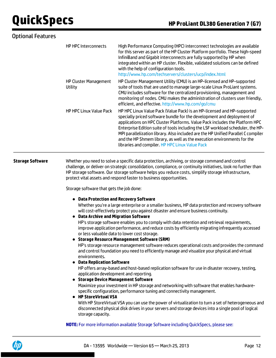 HP DL380 Generation 7 (G7) Storage Software, Data Protection and Recovery Software, Data Archive and Migration Software 