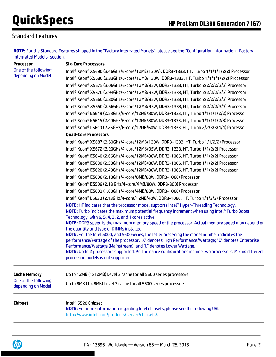 HP DL380 Generation 7 (G7) manual Standard Features, Six-Core Processors, Quad-Core Processors, Intel 5520 Chipset 