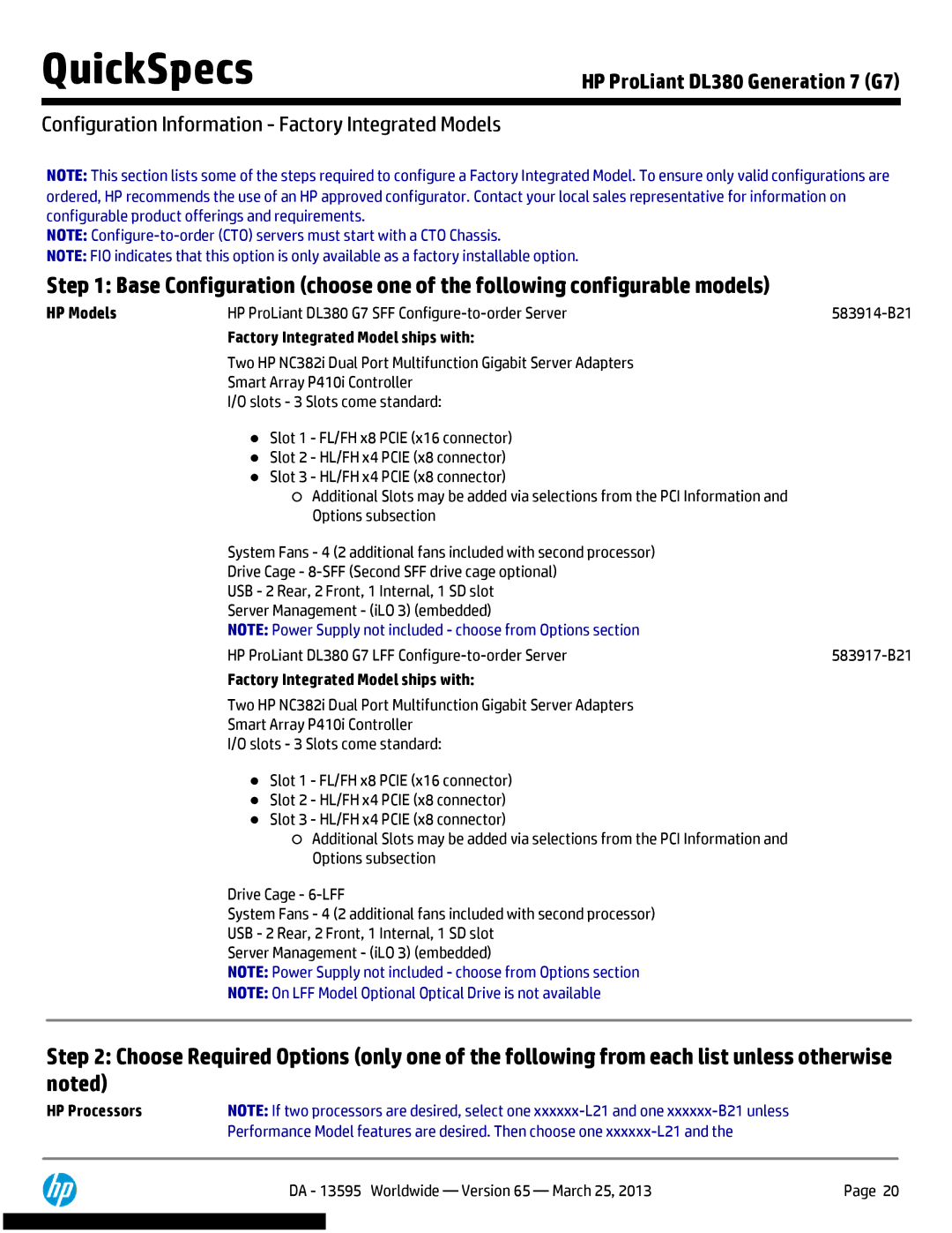 HP DL380 Generation 7 (G7) manual Configuration Information Factory Integrated Models, HP Models 