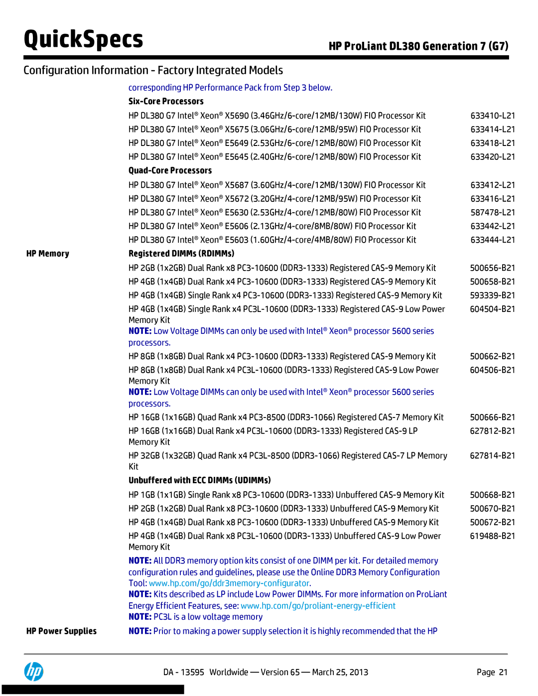 HP DL380 Generation 7 (G7) Corresponding HP Performance Pack from below, HP Memory Registered DIMMs RDIMMs, Processors 