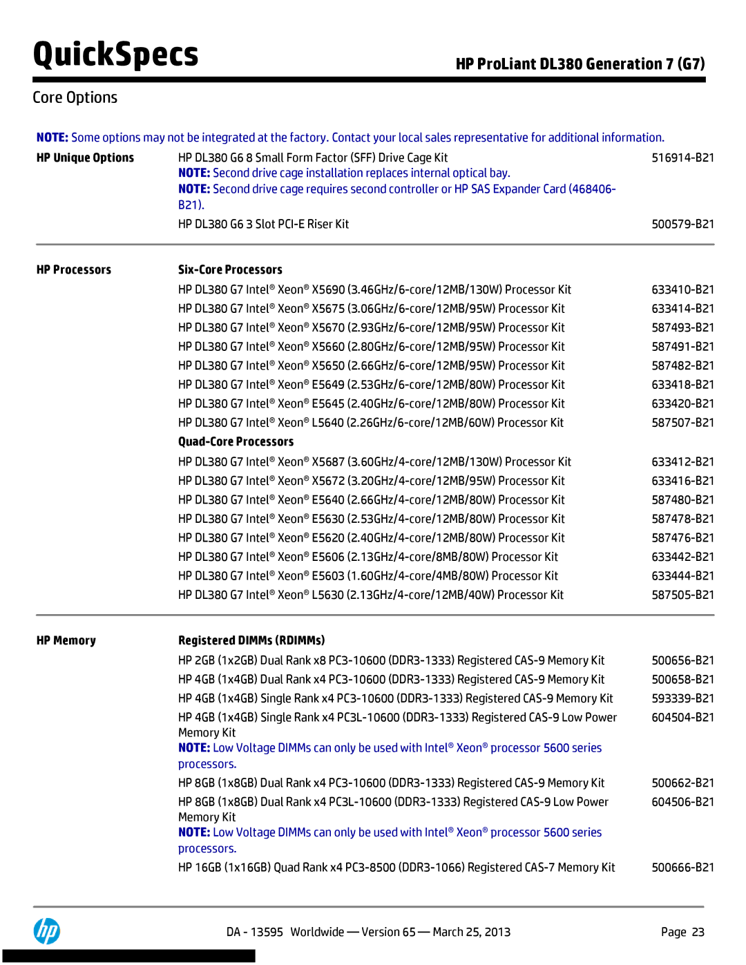 HP DL380 Generation 7 (G7) manual Core Options, HP Unique Options, B21, HP Processors Six-Core Processors 