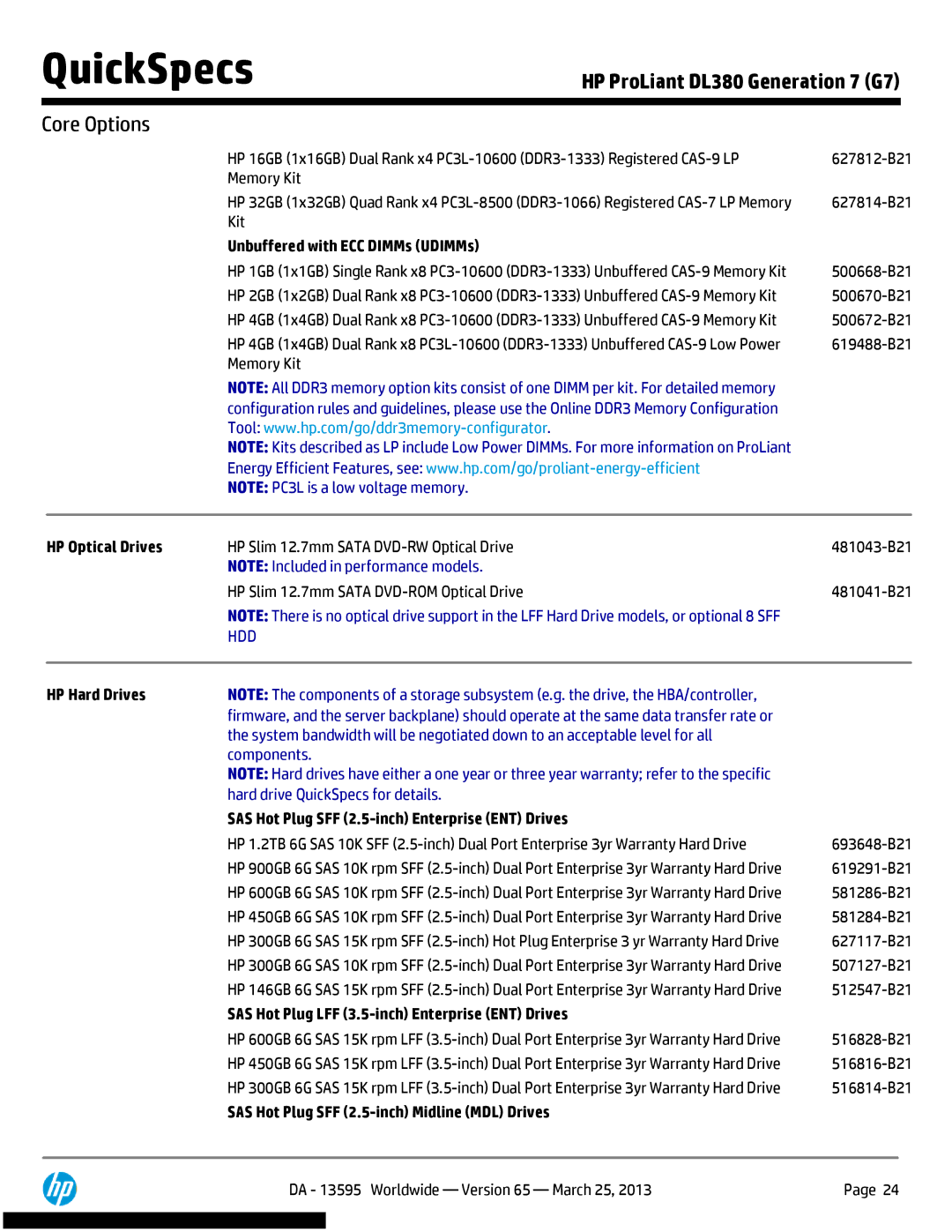 HP DL380 Generation 7 (G7) manual HP Optical Drives, HP Hard Drives, SAS Hot Plug SFF 2.5-inch Enterprise ENT Drives 