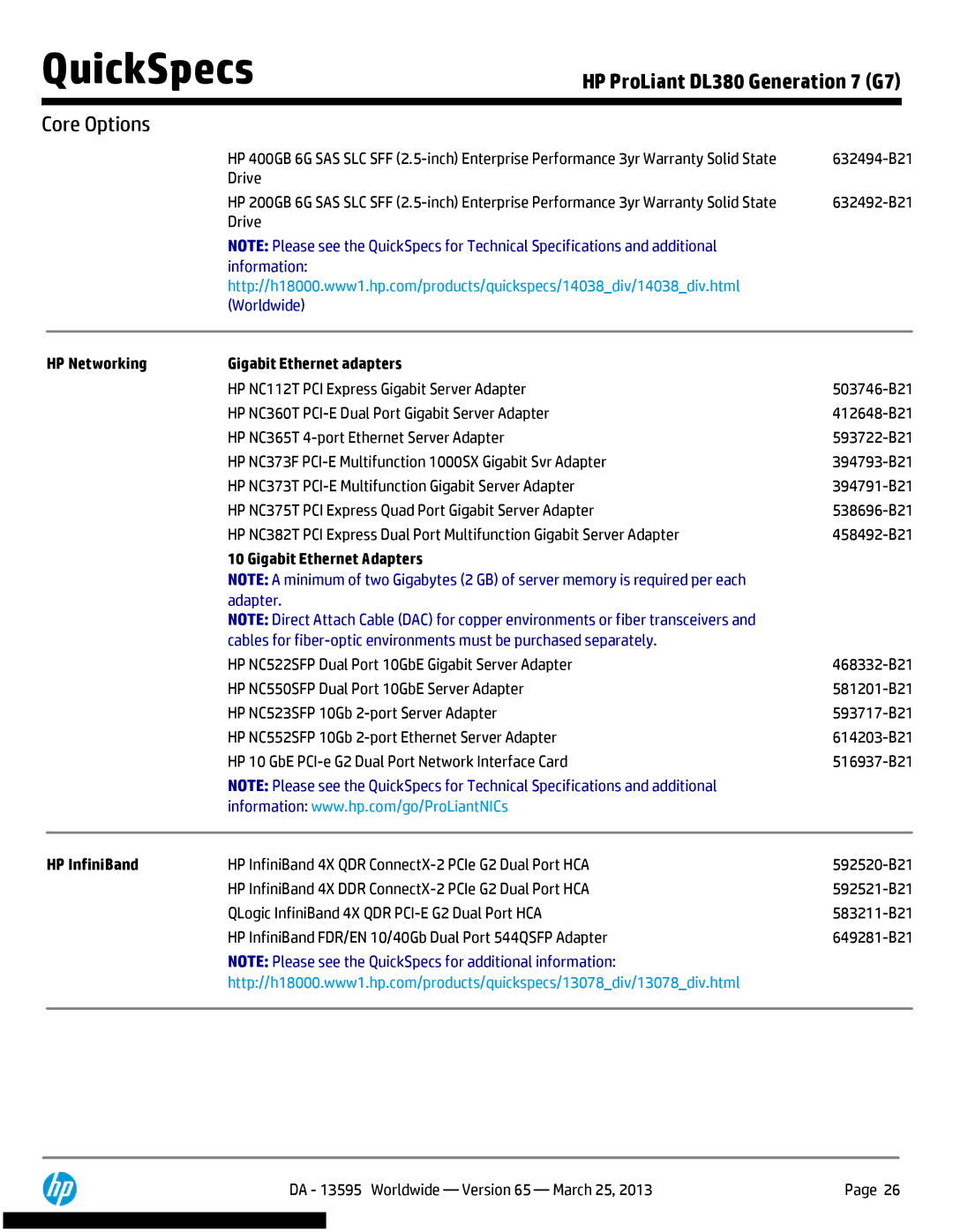 HP DL380 Generation 7 (G7) manual HP Networking Gigabit Ethernet adapters, HP InfiniBand 