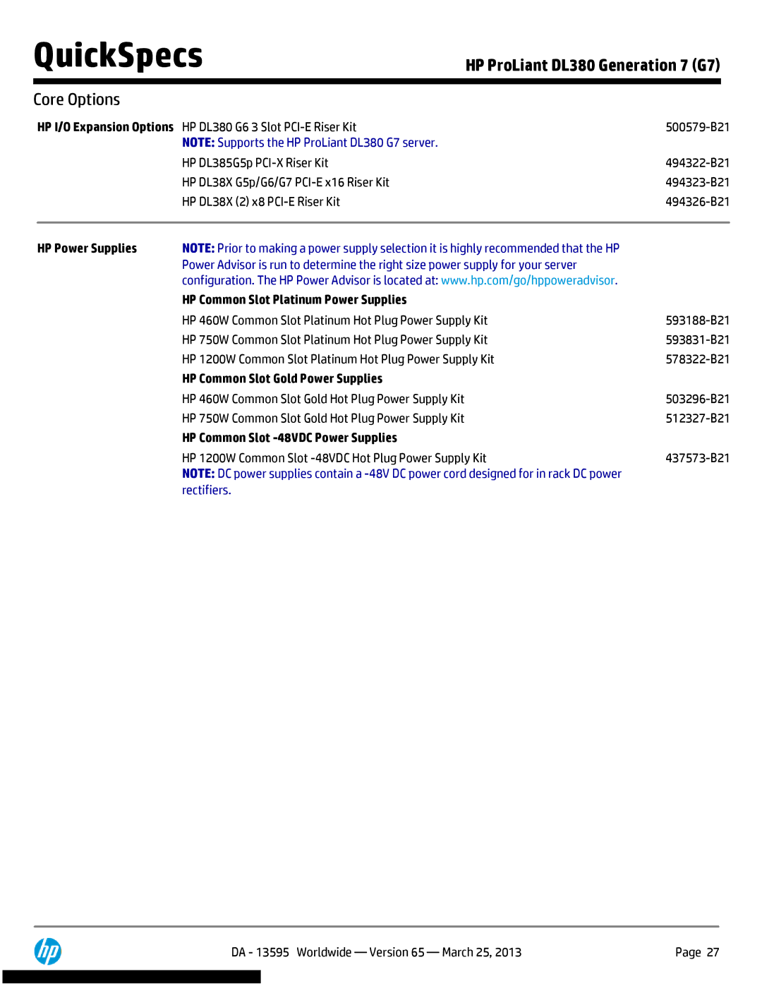 HP DL380 Generation 7 (G7) manual HP DL385G5p PCI-X Riser Kit, HP DL38X G5p/G6/G7 PCI-E x16 Riser Kit 