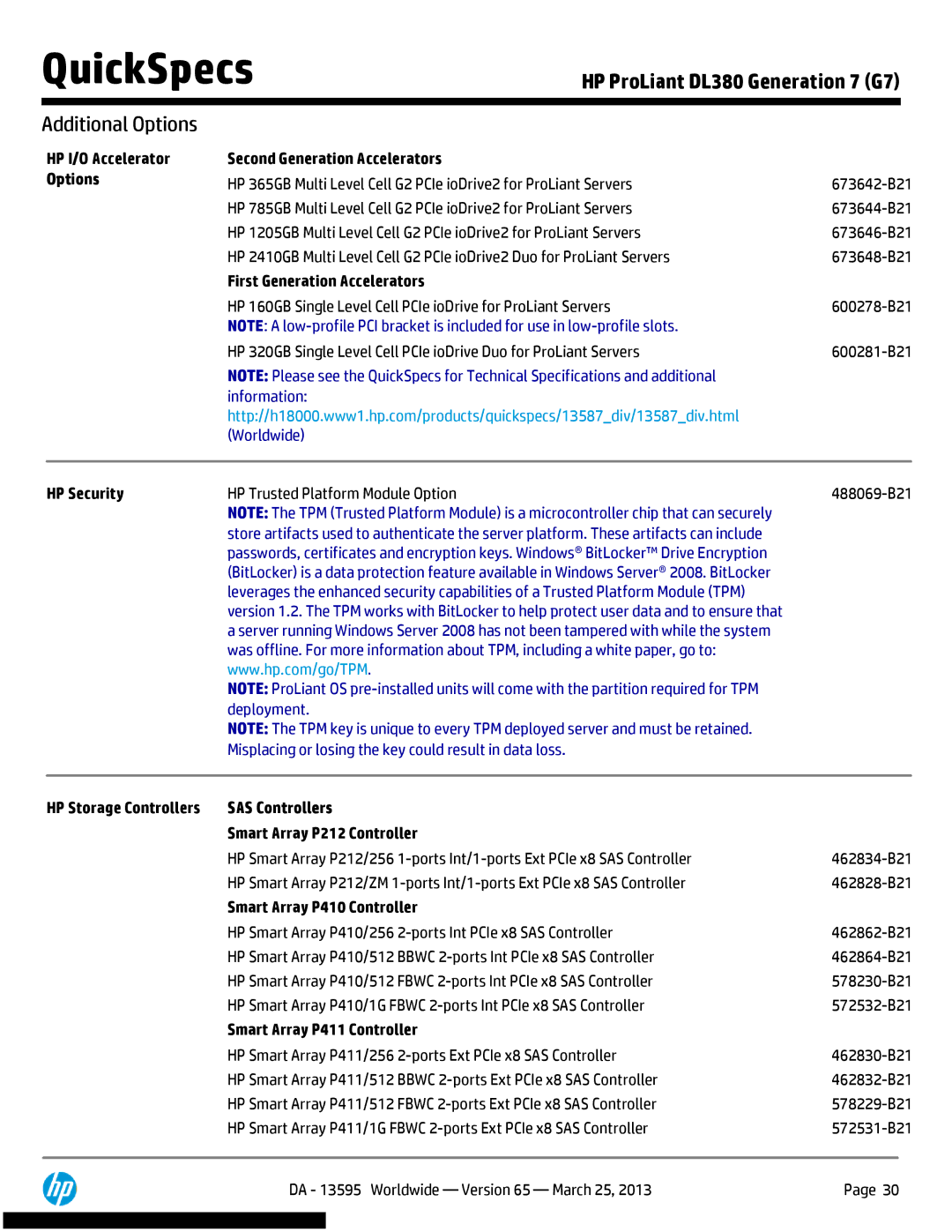 HP DL380 Generation 7 (G7) manual Second Generation Accelerators, First Generation Accelerators, HP Security 