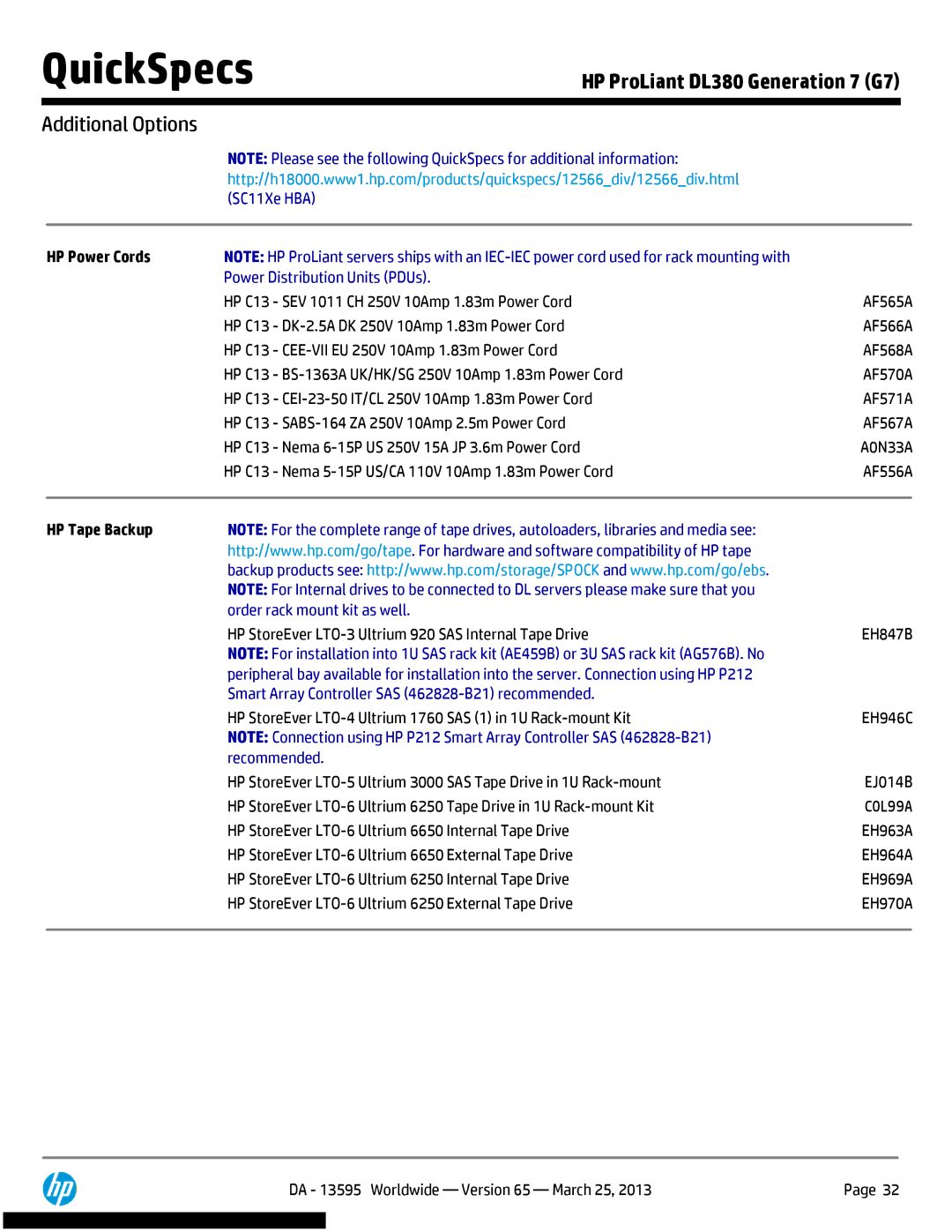 HP DL380 Generation 7 (G7) HP Power Cords, Power Distribution Units PDUs, HP Tape Backup, Order rack mount kit as well 