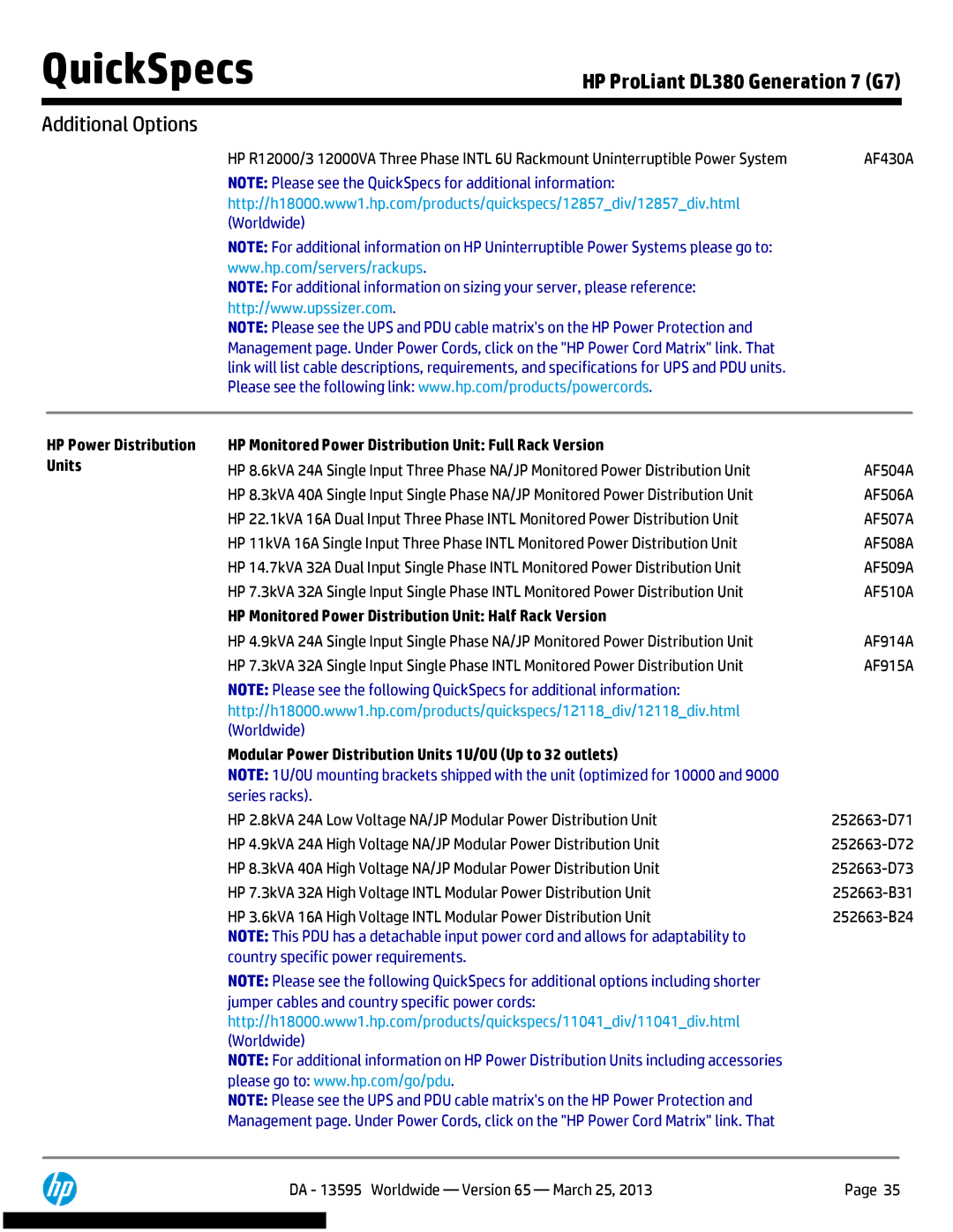 HP DL380 Generation 7 (G7) manual AF430A, HP Monitored Power Distribution Unit Half Rack Version, Series racks 