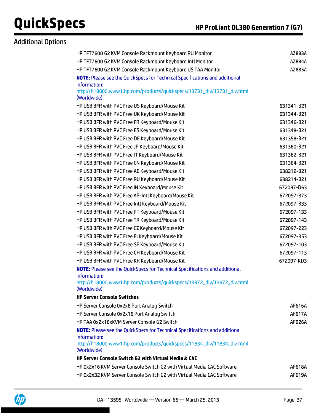 HP DL380 Generation 7 (G7) manual HP Server Console Switches, HP Server Console Switch G2 with Virtual Media & CAC 