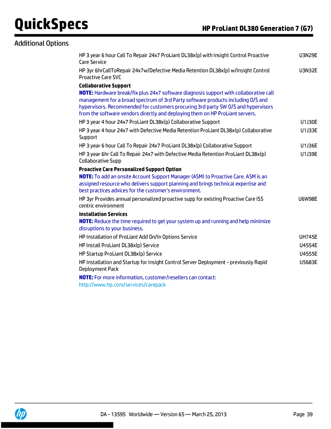 HP DL380 Generation 7 (G7) manual Collaborative Support, Proactive Care Personalized Support Option, Installation Services 