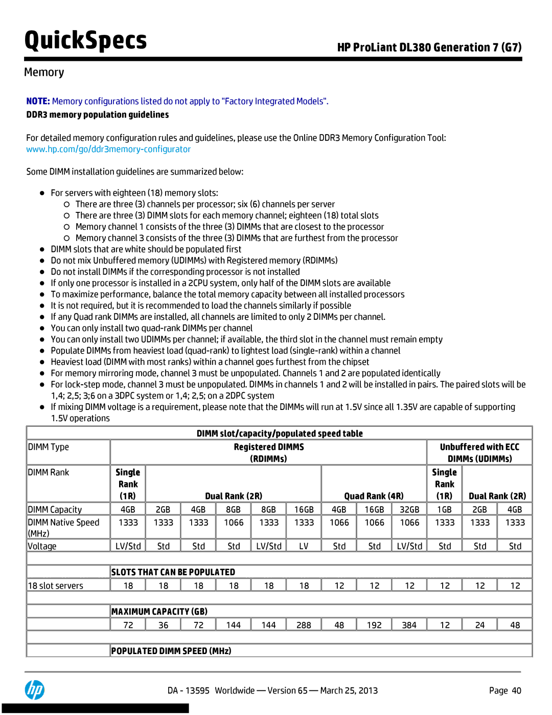 HP DL380 Generation 7 (G7) manual Memory, DDR3 memory population guidelines, Dimm slot/capacity/populated speed table 