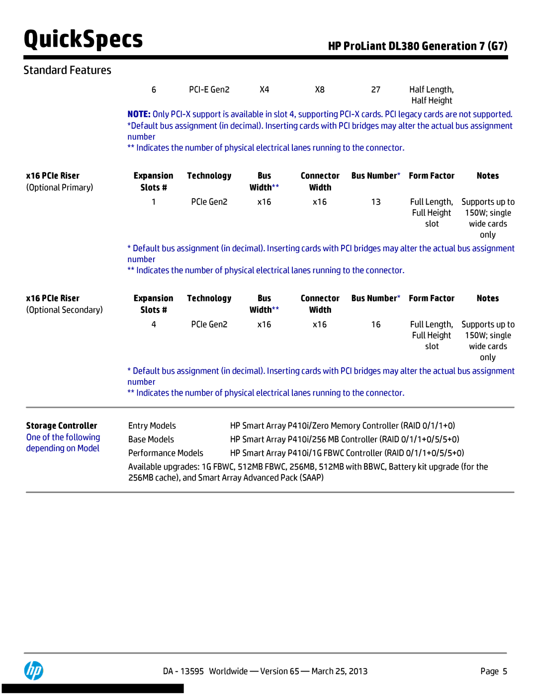 HP DL380 Generation 7 (G7) manual X16 PCIe Riser, Optional Primary, Optional Secondary, Storage Controller 